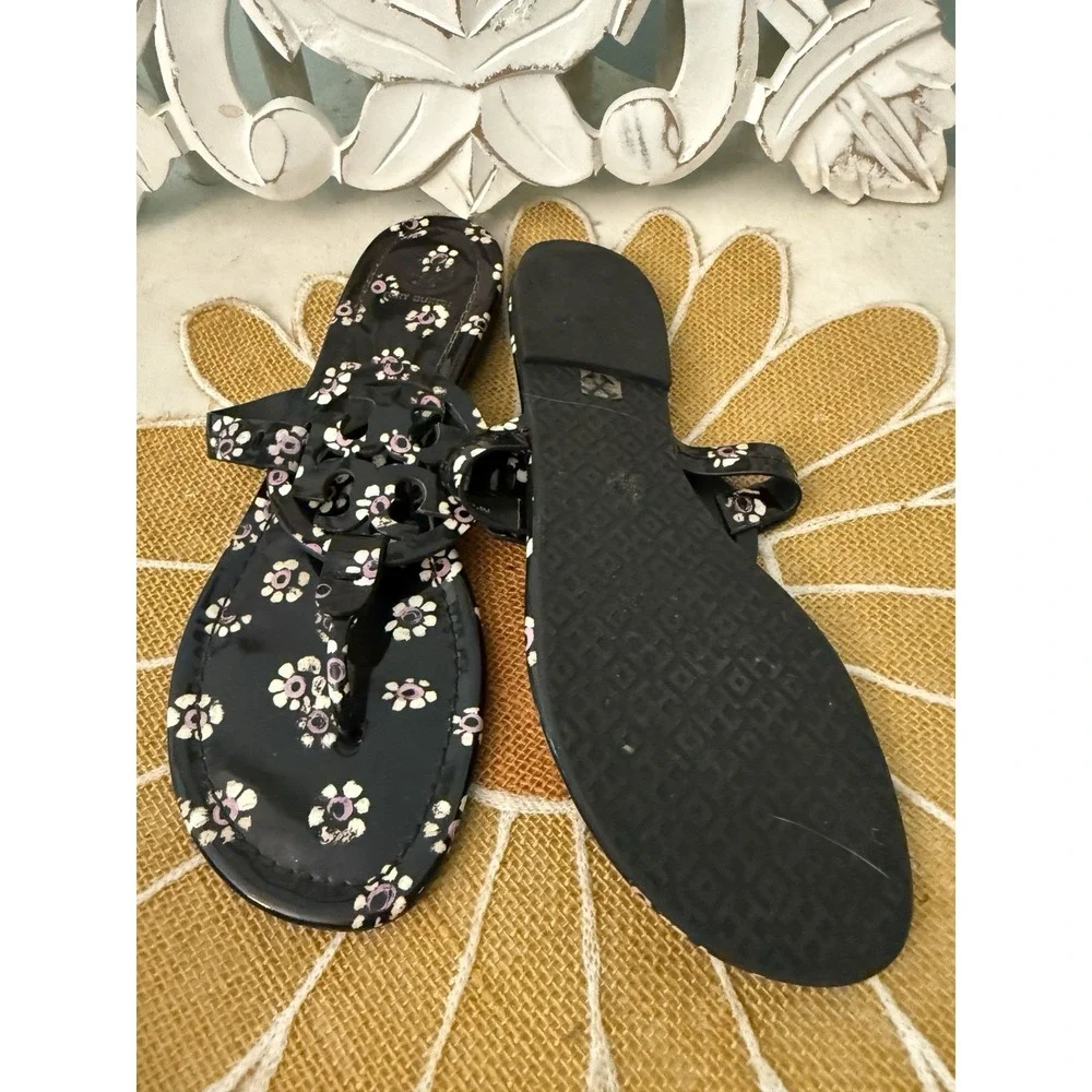 Tory Burch MILLER SANDALS Black Stamped Floral Patent Leather Sandal 9 Worn Once